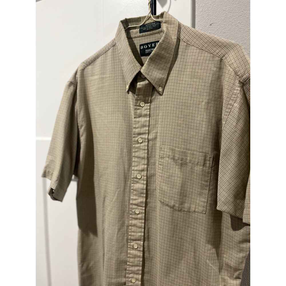 Dover Arrow Mens Tan Plaid Short Sleeve Button Down Shirt Oxford Casual